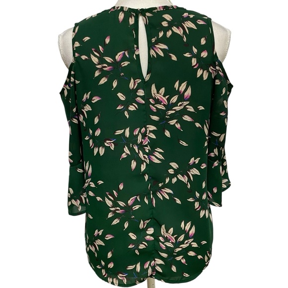Sienna Sky Top Dark Green Leaf Print Blouse 3/4 Sleeve Cold-Shoulder Size Small - Picture 9 of 16